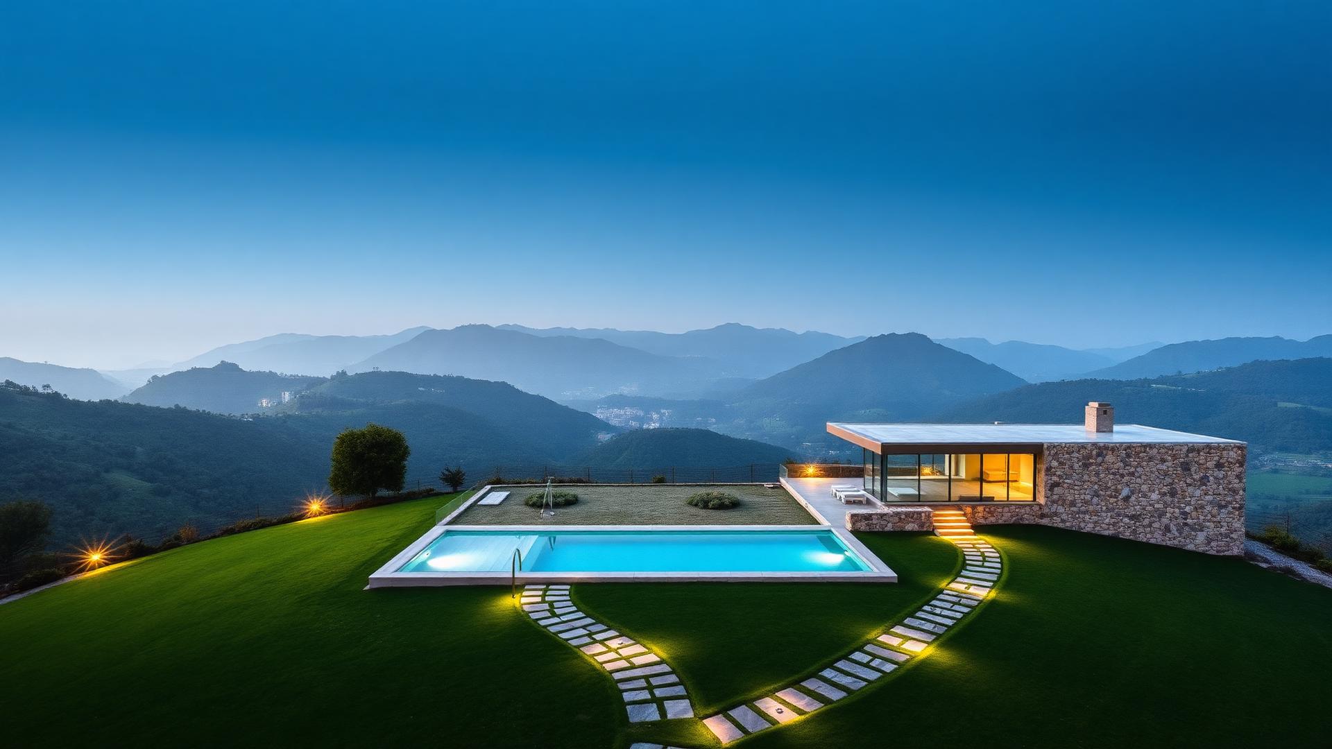 Moradia de arquitetura minimalista com piscina e vista panorâmica sobre o vale
