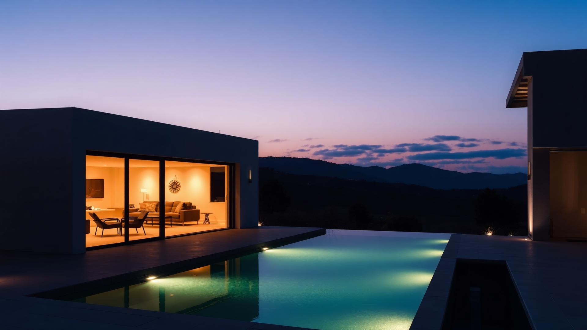 Villa moderna iluminada ao crepúsculo com piscina e vista montanhosa