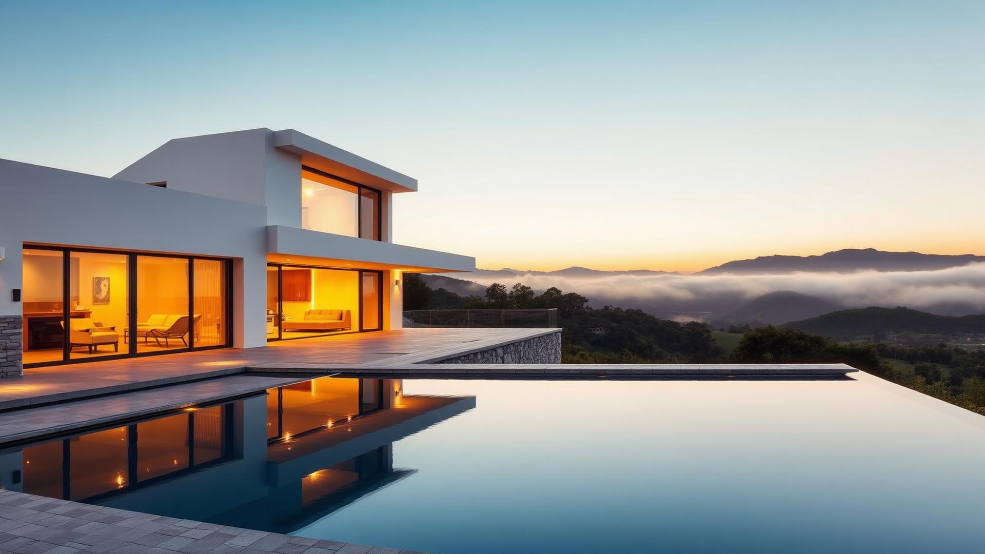 Moradia contemporânea com piscina infinita e vista para a serra ao pôr do sol